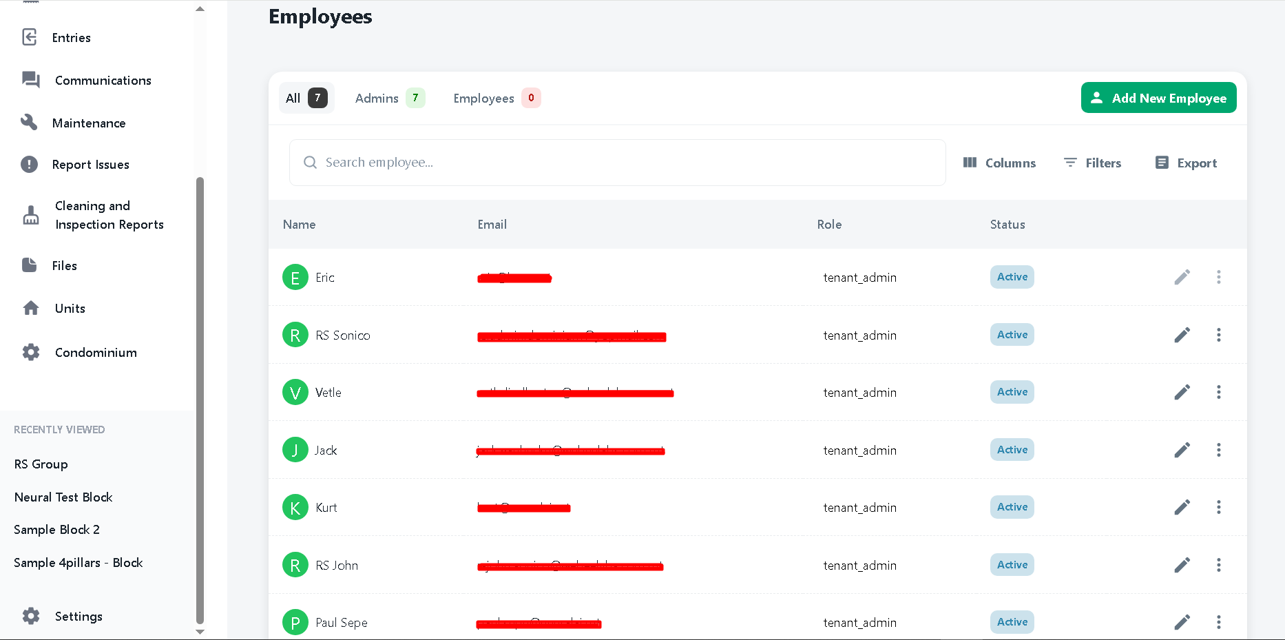 Dominium employee and supplier management screen